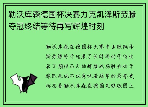 勒沃库森德国杯决赛力克凯泽斯劳滕夺冠终结等待再写辉煌时刻